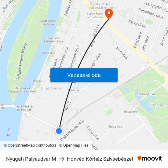 Nyugati Pályaudvar M to Honvéd Kòrház Szívsebészet map