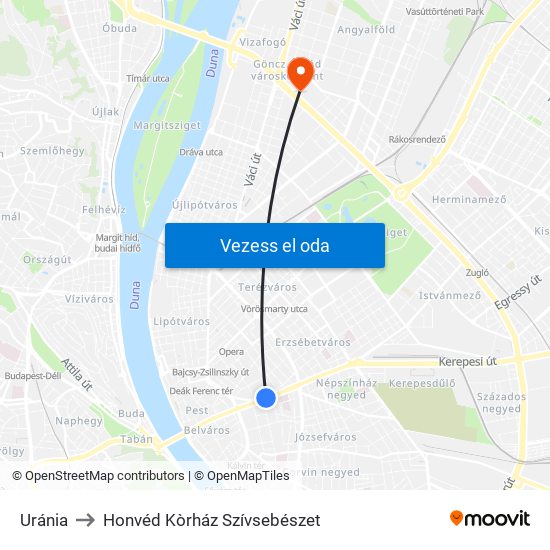 Uránia to Honvéd Kòrház Szívsebészet map