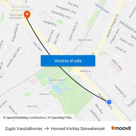 Zugló Vasútállomás to Honvéd Kòrház Szívsebészet map