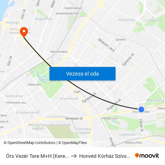 Örs Vezér Tere M+H (Kerepesi Út) to Honvéd Kòrház Szívsebészet map