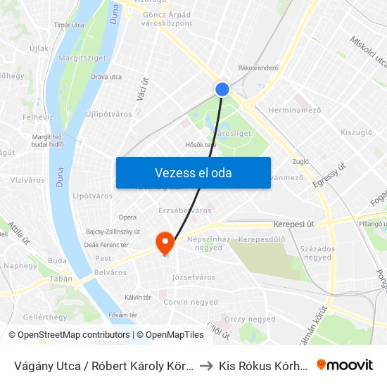 Vágány Utca / Róbert Károly Körút to Kis Rókus Kórház map