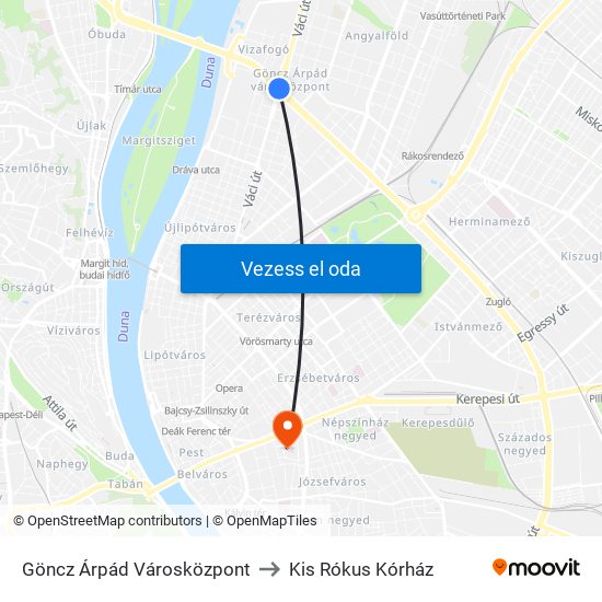 Göncz Árpád Városközpont to Kis Rókus Kórház map