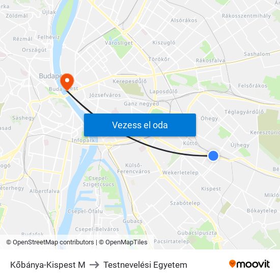 Kőbánya-Kispest M to Testnevelési Egyetem map