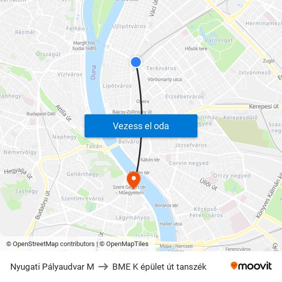 Nyugati Pályaudvar M to BME K épület út tanszék map