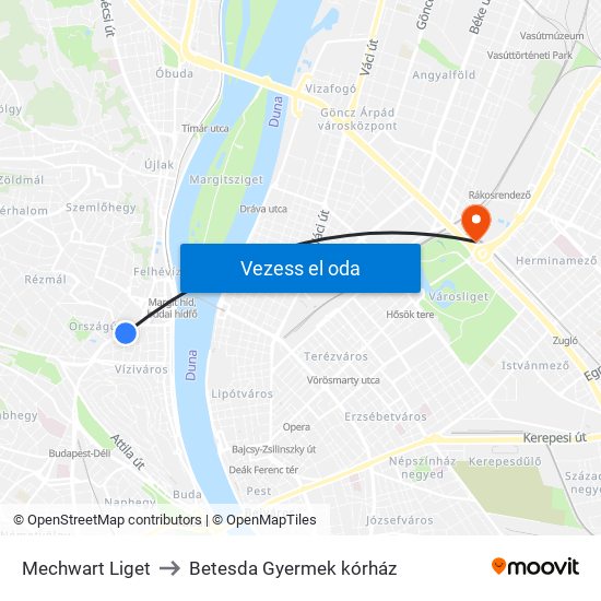 Mechwart Liget to Betesda Gyermek kórház map