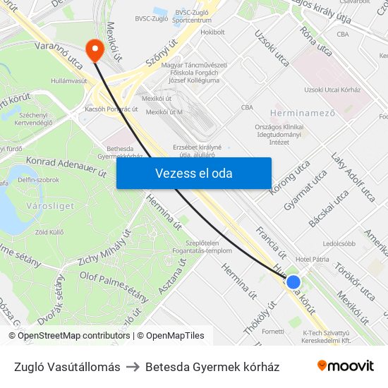 Zugló Vasútállomás to Betesda Gyermek kórház map