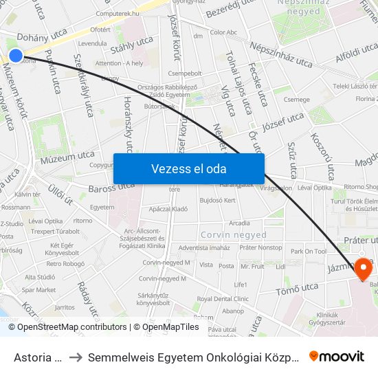 Astoria M to Semmelweis Egyetem Onkológiai Központ map