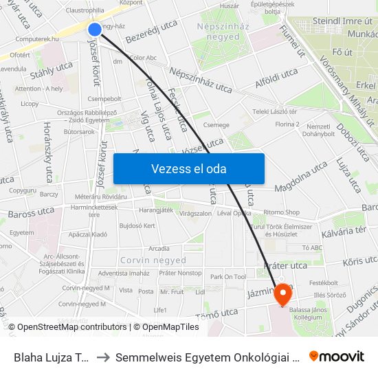 Blaha Lujza Tér M to Semmelweis Egyetem Onkológiai Központ map