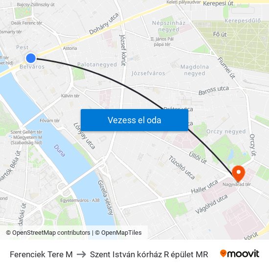 Ferenciek Tere M to Szent István kórház R épület MR map