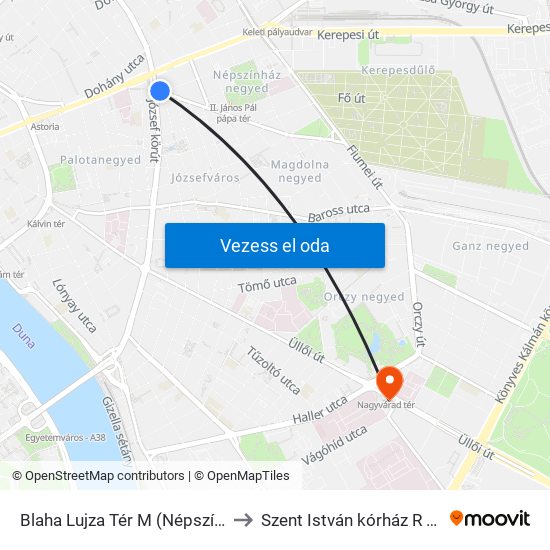 Blaha Lujza Tér M (Népszínház Utca) to Szent István kórház R épület MR map