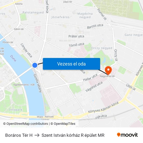 Boráros Tér H to Szent István kórház R épület MR map