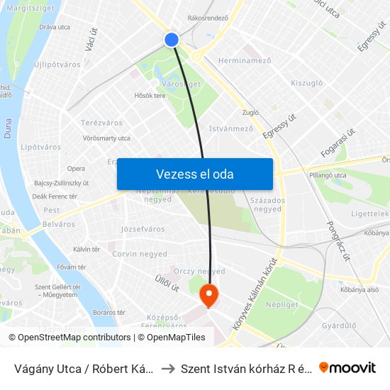 Vágány Utca / Róbert Károly Körút to Szent István kórház R épület MR map
