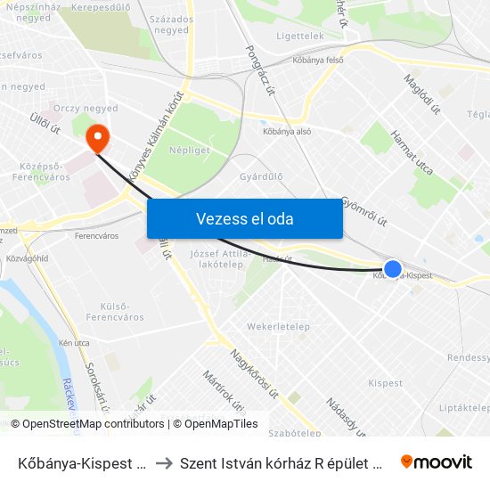 Kőbánya-Kispest M to Szent István kórház R épület MR map