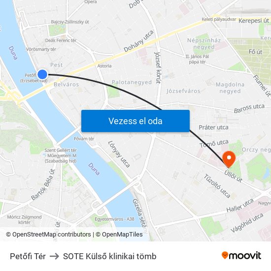 Petőfi Tér to SOTE Külső klinikai tömb map