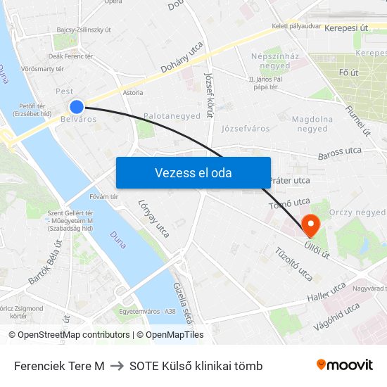 Ferenciek Tere M to SOTE Külső klinikai tömb map