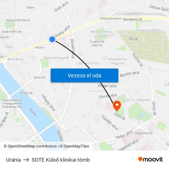 Uránia to SOTE Külső klinikai tömb map