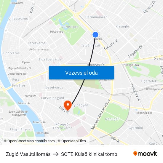 Zugló Vasútállomás to SOTE Külső klinikai tömb map