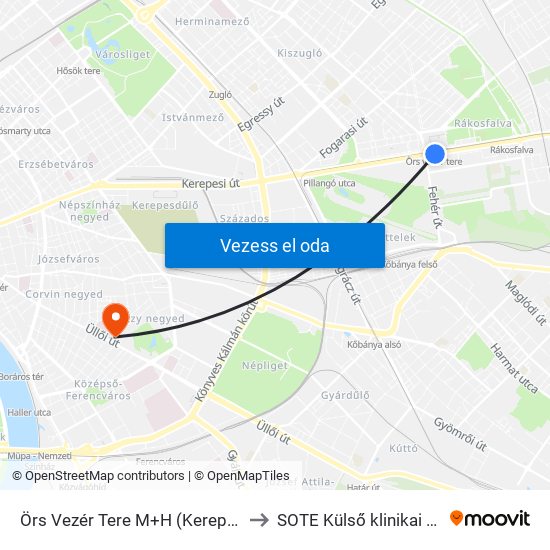 Örs Vezér Tere M+H (Kerepesi Út) to SOTE Külső klinikai tömb map