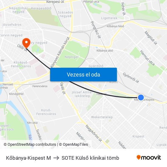 Kőbánya-Kispest M to SOTE Külső klinikai tömb map