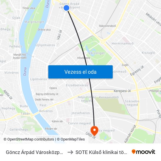 Göncz Árpád Városközpont to SOTE Külső klinikai tömb map