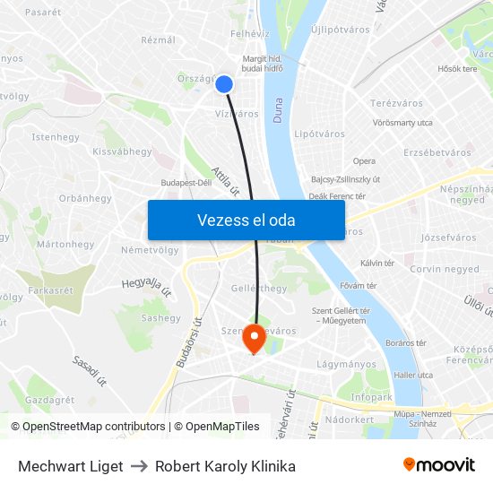 Mechwart Liget to Robert Karoly Klinika map