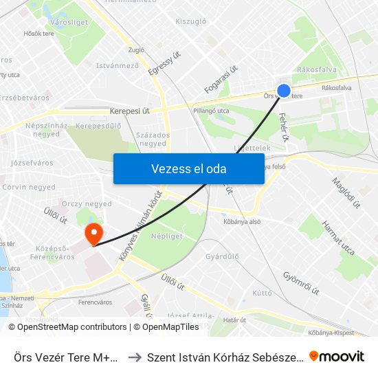 Örs Vezér Tere M+H (Kerepesi Út) to Szent István Kórház Sebészet és Aneszteziológia map