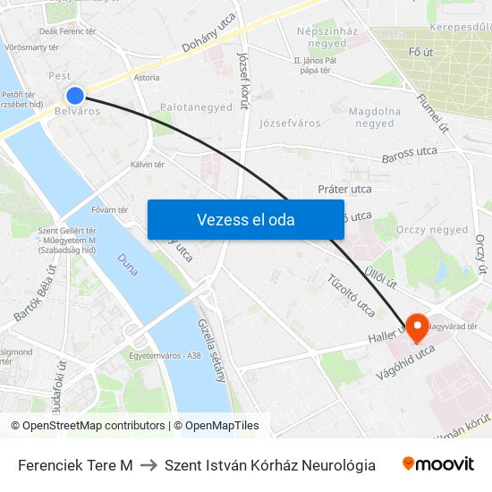 Ferenciek Tere M to Szent István Kórház Neurológia map