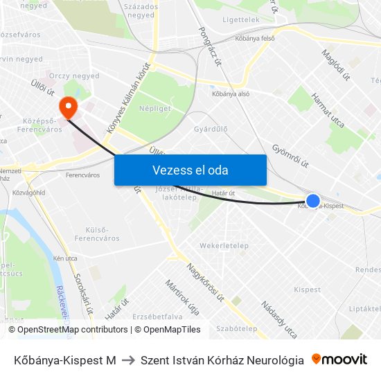 Kőbánya-Kispest M to Szent István Kórház Neurológia map