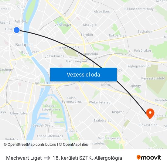 Mechwart Liget to 18. kerületi SZTK.-Allergológia map