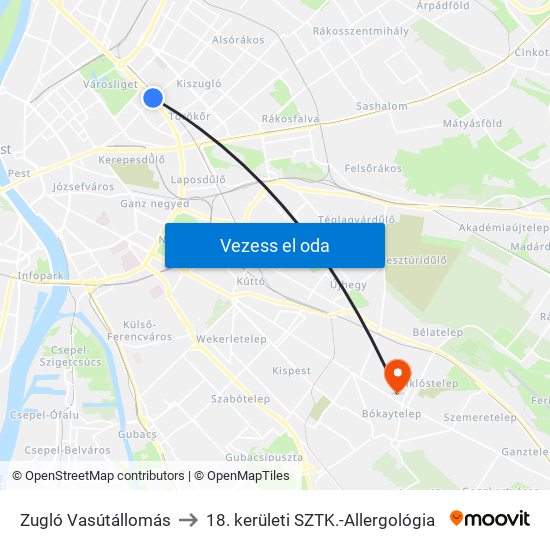 Zugló Vasútállomás to 18. kerületi SZTK.-Allergológia map