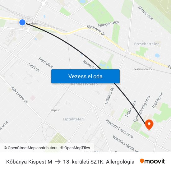 Kőbánya-Kispest M to 18. kerületi SZTK.-Allergológia map