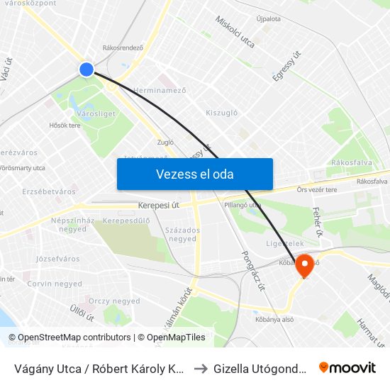 Vágány Utca / Róbert Károly Körút to Gizella Utógondozó map