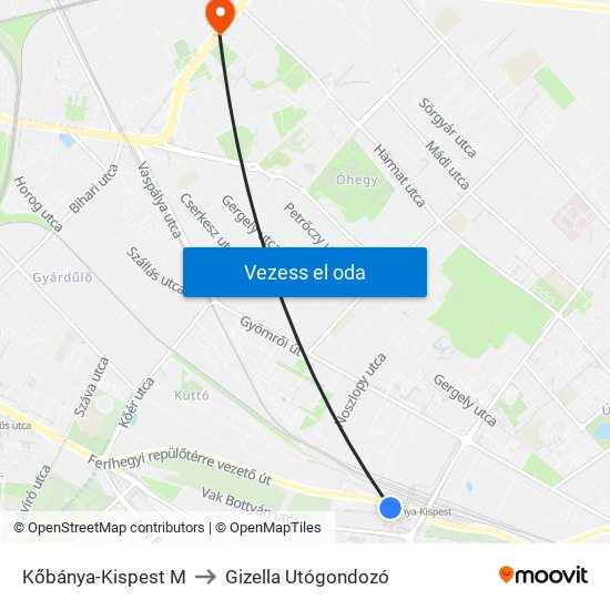 Kőbánya-Kispest M to Gizella Utógondozó map