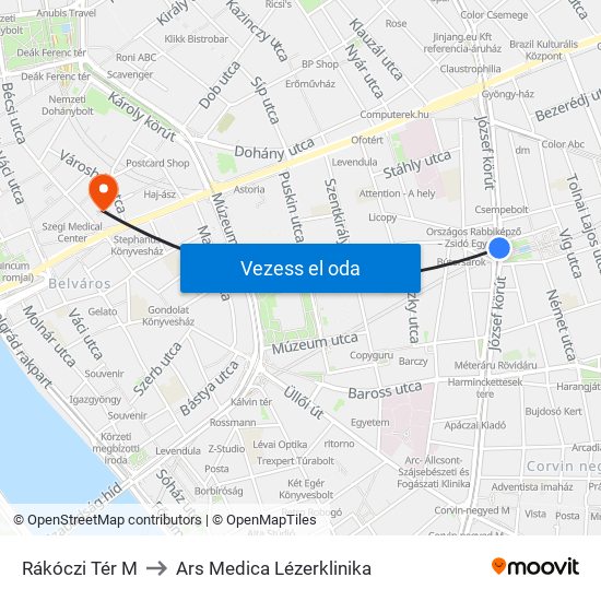 Rákóczi Tér M to Ars Medica Lézerklinika map
