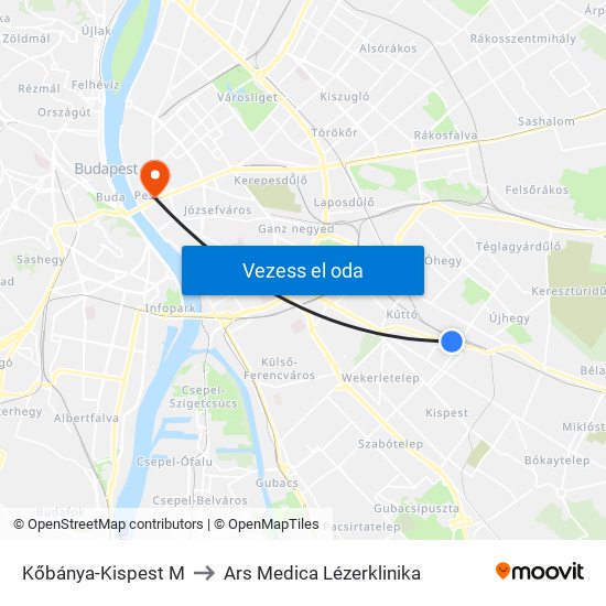 Kőbánya-Kispest M to Ars Medica Lézerklinika map