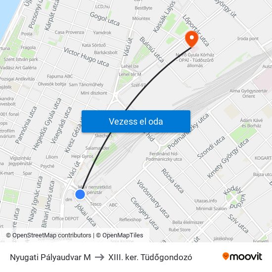 Nyugati Pályaudvar M to XIII. ker. Tüdőgondozó map