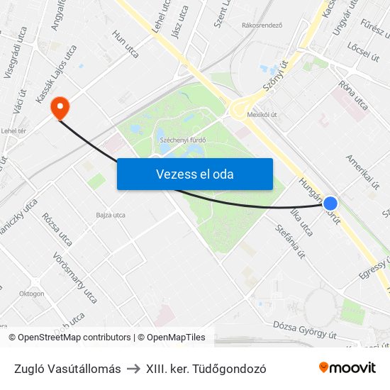 Zugló Vasútállomás to XIII. ker. Tüdőgondozó map