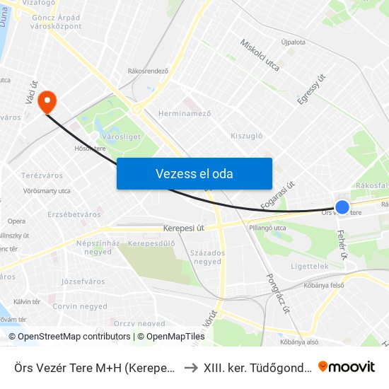 Örs Vezér Tere M+H (Kerepesi Út) to XIII. ker. Tüdőgondozó map