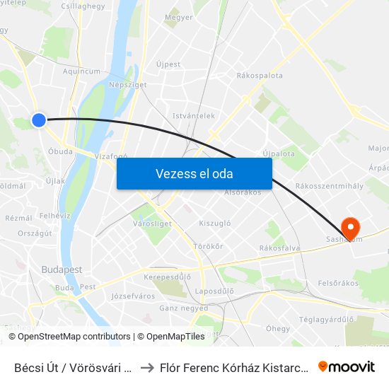 Bécsi Út / Vörösvári Út to Flór Ferenc Kórház Kistarcsa map