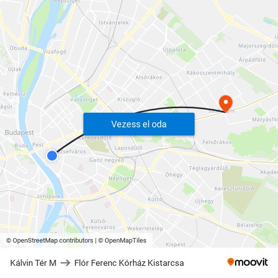 Kálvin Tér M to Flór Ferenc Kórház Kistarcsa map