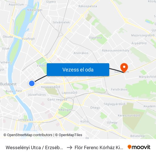 Wesselényi Utca / Erzsébet Körút to Flór Ferenc Kórház Kistarcsa map
