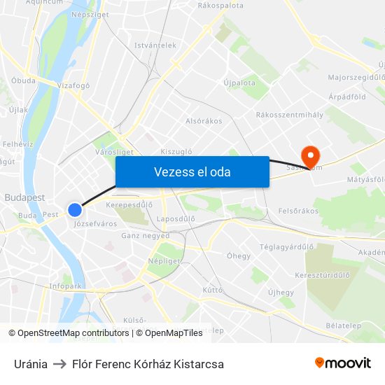 Uránia to Flór Ferenc Kórház Kistarcsa map