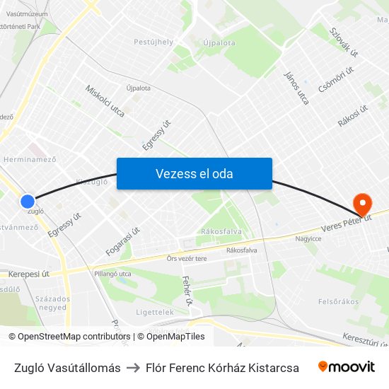 Zugló Vasútállomás to Flór Ferenc Kórház Kistarcsa map