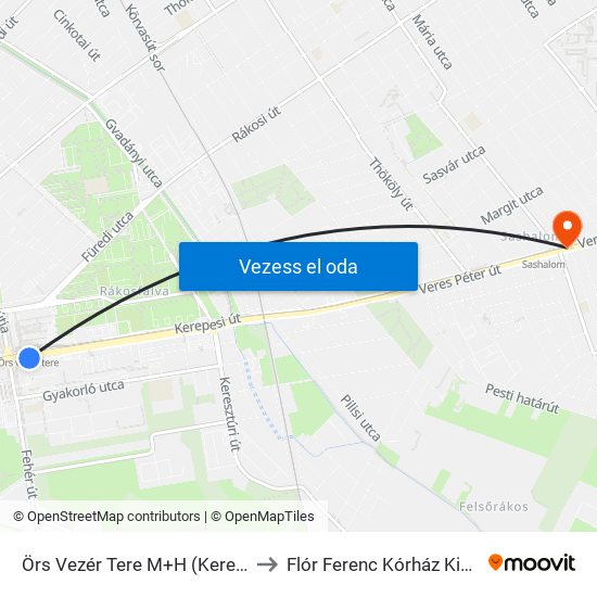 Örs Vezér Tere M+H (Kerepesi Út) to Flór Ferenc Kórház Kistarcsa map