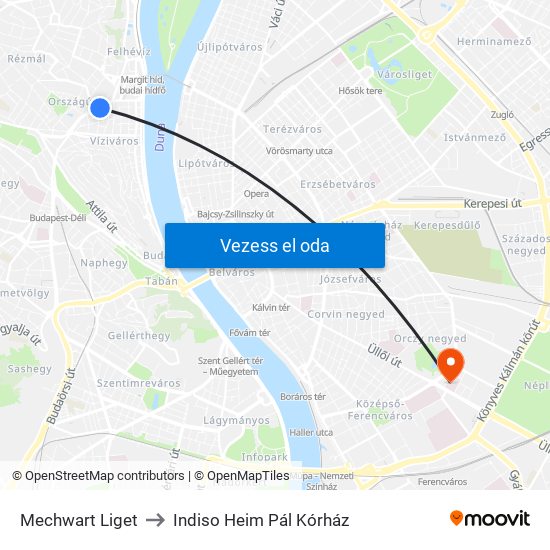 Mechwart Liget to Indiso Heim Pál Kórház map