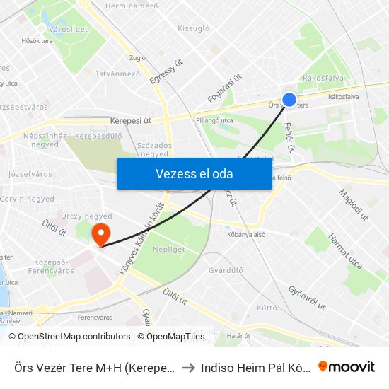 Örs Vezér Tere M+H (Kerepesi Út) to Indiso Heim Pál Kórház map