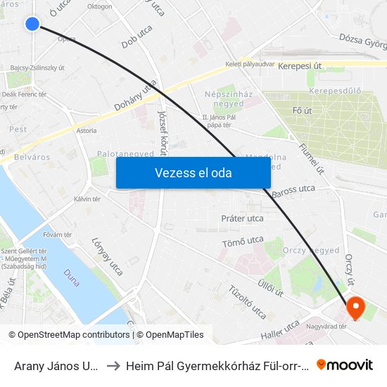 Arany János Utca M to Heim Pál Gyermekkórház Fül-orr-gégészet map