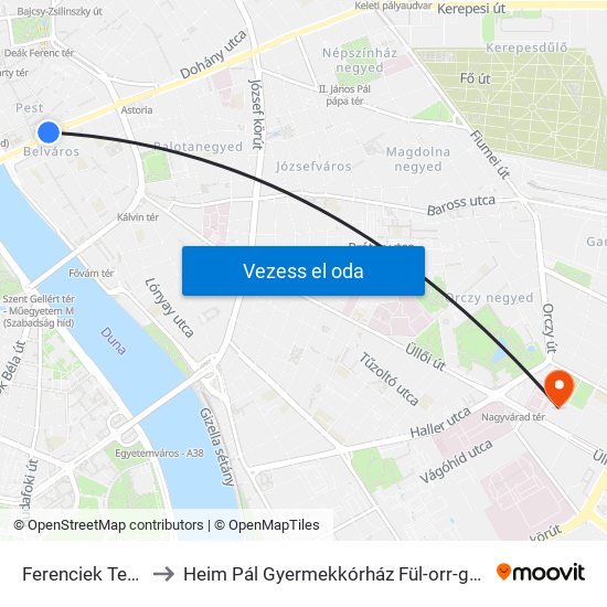 Ferenciek Tere M to Heim Pál Gyermekkórház Fül-orr-gégészet map