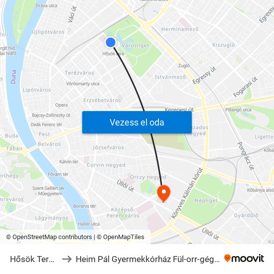 Hősök Tere M to Heim Pál Gyermekkórház Fül-orr-gégészet map