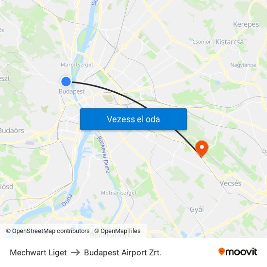 Mechwart Liget to Budapest Airport Zrt. map